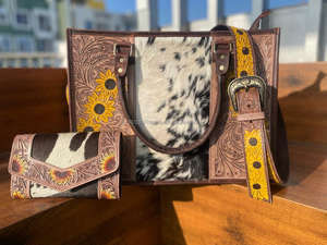 กระเป๋าโท้ทหนังวัวขนสัตว์พิมพ์ลายดอกไม้เครื่องมือใหม่ใหม่ชุดคลัทช์หนังแกะลายดอกทานตะวันตะวันตก - Product Image 3