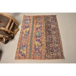 Vintage Turkish Rug Ethnic Blue Beige 3.1x3.9ft Classic Patchwork Design Flat Weave Wool for Living Room Decorations - Product Image 1
