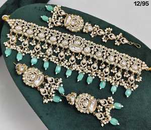 Magnifique collier indien en Kundan véritable de qualité supérieure en forme de larme avec boucles d'oreilles, ensemble de bijoux de mariage pour femmes - Product Image 5