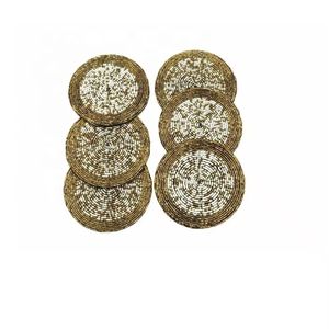 Posavasos con cuentas de vidrio dorado y blanco hecho a mano, posavasos con cuentas de vidrio, juego de posavasos con cuentas para mesa de té y café - Product Image 1