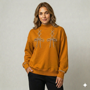 Women's Red Oversized Mock Neck Double Lace Up Bow Sweatshirt <b>Drop</b> Shoulder Long Sleeve Casual Fleece Pullover Loose Fit - Product Image 2