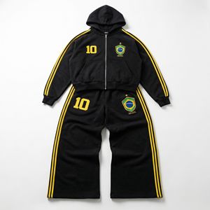 Conjunto de Chándal de Fútbol de Brasil |   Chaqueta con capucha y cremallera + Pantalones de pierna ancha |   Logotipo personalizado y número de equipo |   Servicio OEM de Ropa Deportiva - Product Image 3