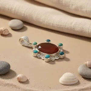 Pendentif solitaire en argent 925 avec agate et serti en turquoise, style bohème luxueux, bijoux unisexes pour tous les jours - Product Image 1
