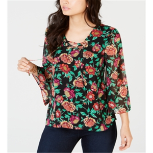 Top da Donna Thalia Sodi con Maniche 3/4, Scollo a V, Allacciatura, Stampa Floreale e a Righe, in Maglia di Chiffon, Taglie S-XL - Product Image 4