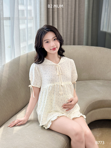 Tenue de maternité en lin de haute qualité B773 Anti-rétrécissement Bow Print Minimalist Daily Wear avec une bonne absorption Prix de gros - Product Image 6