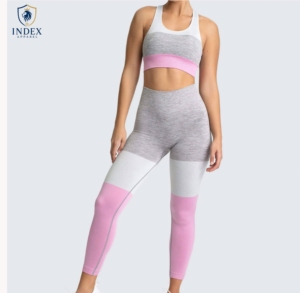 Conjunto de Yoga para Mujer INDEX APPAREL, 2 Piezas, Leggings de Cintura Alta, Top Deportivo con Espalda Cruzada y Cuello Redondo, Bloques de Color, Sin Costuras, Largo Completo - Product Image 1