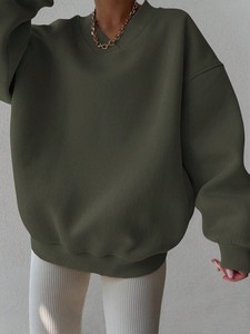 Sudadera de gran tamaño con cuello en V para mujer, jersey de lana de algodón de peso pesado, ropa de invierno informal de manga larga con hombros caídos - Product Image 6