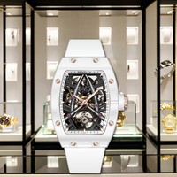 Montre mécanique automatique de luxe BLANCHE, design double-squelette, forme tonneau, cadran en cristal or rose, analogique, résistante à l'eau