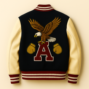 Chaqueta universitaria de lana de lona impresa personalizada al por mayor con mangas de cuero real | Cuello alto | Equipo OEM/ODM y chaquetas de moda - Product Image 2