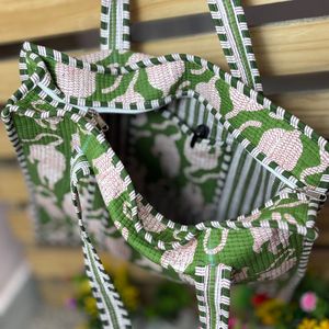 Bolsa de Mano de Algodón Acolchada con Estampado de Bloques Verdes, Hecha a Mano, Estilo Bohemio Vintage, con Cierre de Cremallera para Mujer, para Verano, Invierno y Primavera - Product Image 2