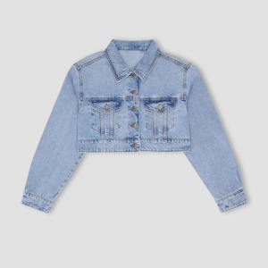 2026 Custom Cropped Knitted Cotton Bomber Worker Workwear Work Jeans <b>Denim</b> <b>Jacket</b> <b>with</b> Letter Detail for Women - Product Image 1