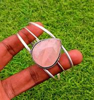 Bracelet de manchette réglable en argent sterling 925 pierre précieuse de quartz rose pour la guérison et le bracelet fin anti-anxiété