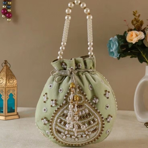 2025 BEAUTIFUL Pista <b>Green</b> Wrist Evening Bags on Raw Silk with Crystal Glass Beads & Pearl DABKA EMBROIDERY PARTY-WEAR - Product Image 1