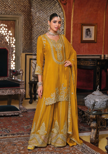 Costume Sharara de style pakistanais traditionnel brodé lourd de Chinon pour adultes pour les mariages et toutes les occasions Salwar Kameez - Product Image 4
