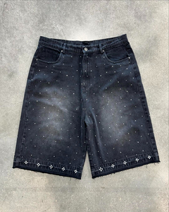 Custom Vintage Acid Wash Solid Rhinestone Casual Straight Leg Baggy Men Denim 100% Cotton Quick Dry <b>Mid</b> Waist Black Shorts - Product Image 1