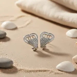 Women's <b>Silver</b> <b>Heart</b> <b>Stud</b> <b>Earrings</b> with Pave Diamonds Elegant Jewelry Accessory - Product Image 2