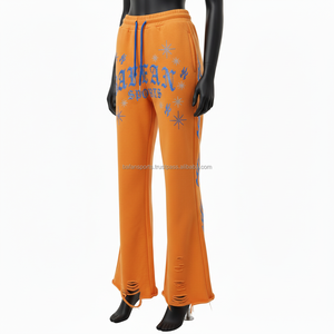 กางเกงขาบานผู้หญิง ผ้าฟลีซ 300GSM สีส้ม ยืดได้ พิมพ์โลโก้ตามสั่ง ลายพัฟฟ์ สไตล์ดิสเทรสสุดเทรนดี้ กางเกงขาบานผู้หญิง - Product Image 4