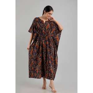 Azul oscuro Estampado floral Kaftan Maxi Vestido étnico Tamaño libre Hasta el suelo Algodón puro Estilo casual para el día - Product Image 4