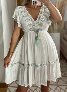 2024 Premium Collection Mère Belle Bohème Plage À Manches Courtes Vintage Multicolore Brodé Coton Bouton Naturel - Product Image 4