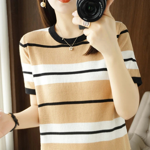 <b>Ladies</b> Summer New <b>Knitted</b> <b>Short</b> <b>Sleeve</b> 100%Pure Cotton Breathable T-shirt Pullover Casual Fashion Bottoming Shirt Women's <b>Top</b> - Product Image 4