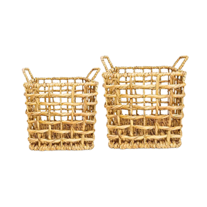 Panier de rangement rond en bambou jonc de mer rustique avec poignées et doublure en coton Organisation et rangement pour la maison - Product Image 1