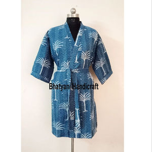 Blue Indigo Kantha <b>Jacket</b> for Women Long Cotton Quilted Indian Robe with Floral Pattern Winter Beach Wear <b>Kimono</b> - Product Image 1