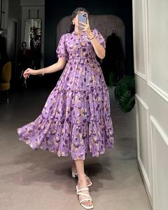 Vestido Maxi con gradas y estampado floral elegante, vestido bohemio de verano con mangas abullonadas para mujer - Product Image 1