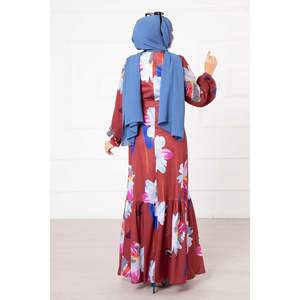 Robe à motifs floraux bordeaux manches en mousseline de soie imprimée sur mesure taille XL longueur genou ODM fourni volants Appliques Spandex - Product Image 1