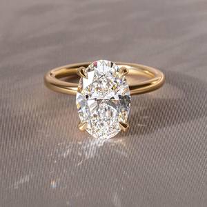 Bague solitaire Moissanite ovale allongée de 8x12 MM fabriquée à la main avec halo caché et bande demi-arrondie classique cadeau de mariée pour elle - Product Image 1