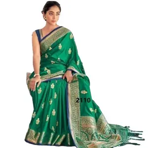 Banarasi-Saree de seda para mujer, Ropa Étnica India suave con tejido con Pallu pesado y borde tejido con la misma blusa