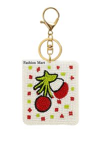Llavero personalizado con cuentas a mano y diseño de cereza, fondo de cuentas blancas, accesorio de moda hecho a mano para bolsos y regalos - Product Image 4
