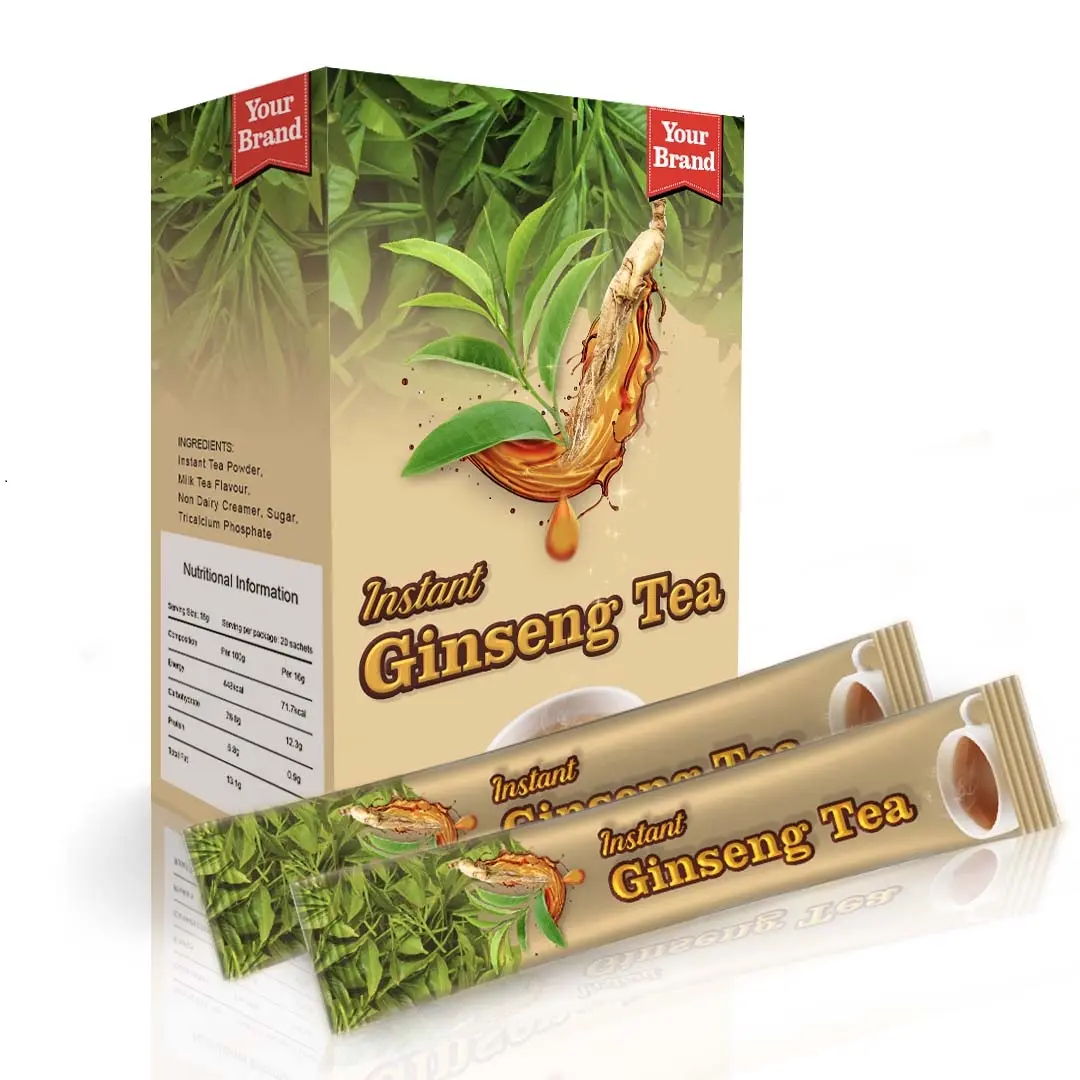 Confezione di bustine per bevande istantanee al tè al Ginseng all'ingrosso con scatole di imballaggio preparazione facile tempi di risposta rapidi tempi di consegna Halal