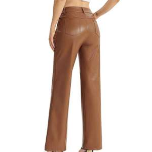 Pantalones de Pierna Ancha de Cuero Sintético Marrón para Mujer, de Cintura Alta, Corte Holgado, Largos, de Color Sólido, Casuales - Product Image 3