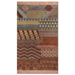 Alfombra Manchaha de Lana y Seda de Bambú con Patrón Geométrico Anudada a Mano en Rojo y Naranja - Para Uso Doméstico Les-2837 - Product Image 1