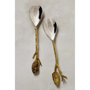 Ensemble cuillère et fourchette de service élégant vaisselle de mariage de haute qualité feuilles en laiton poli miroir argenté manche en bout serveur à salade - Product Image 1