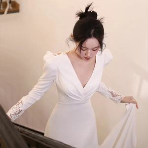 בד סאטן אלגנטי קומה/שמלת כלה חצוצרה עם תחרה ושרוולים ארוכים בתוספת גודל זמין - Product Image 2