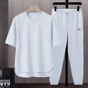 2025 Primavera Verano nueva moda suelta Casual conjunto trajes Color sólido hombres manga corta Camiseta pantalones largos pantalones conjunto de dos piezas - Product Image 2