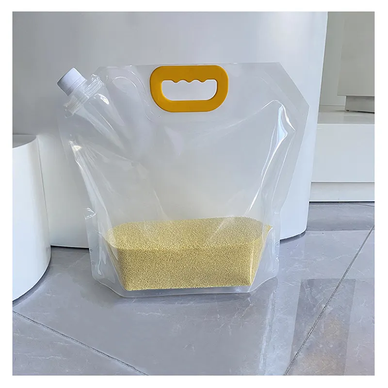 Custom stand up liquid spout pouch with handle moisture-proof reusable packaging  rice bean seed liquid packaging bag with spout