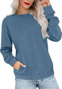 Dusty <b>Blue</b> Crewneck <b>Women's</b> Sweatshirts Trendy Streetwear Long Sleeve Pullover with Front Badge Pockets 100% Cotton - Product Image 4
