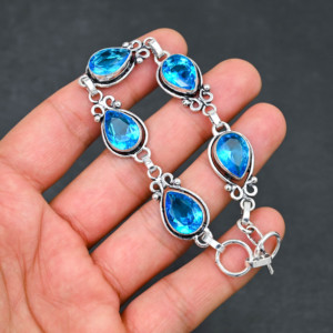Piedra preciosa de Topacio Azul creada en laboratorio 10X14 MM pera hecha a mano 925 pulsera plateada 7-8 pulgadas joyería de diseñador - Product Image 6
