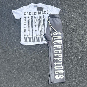 Conjunto de dos piezas para hombre: camiseta corta de cuello simulado 100% algodón tejido vintage de invierno, corte holgado y extragrande, y jogger de secado rápido. - Product Image 2