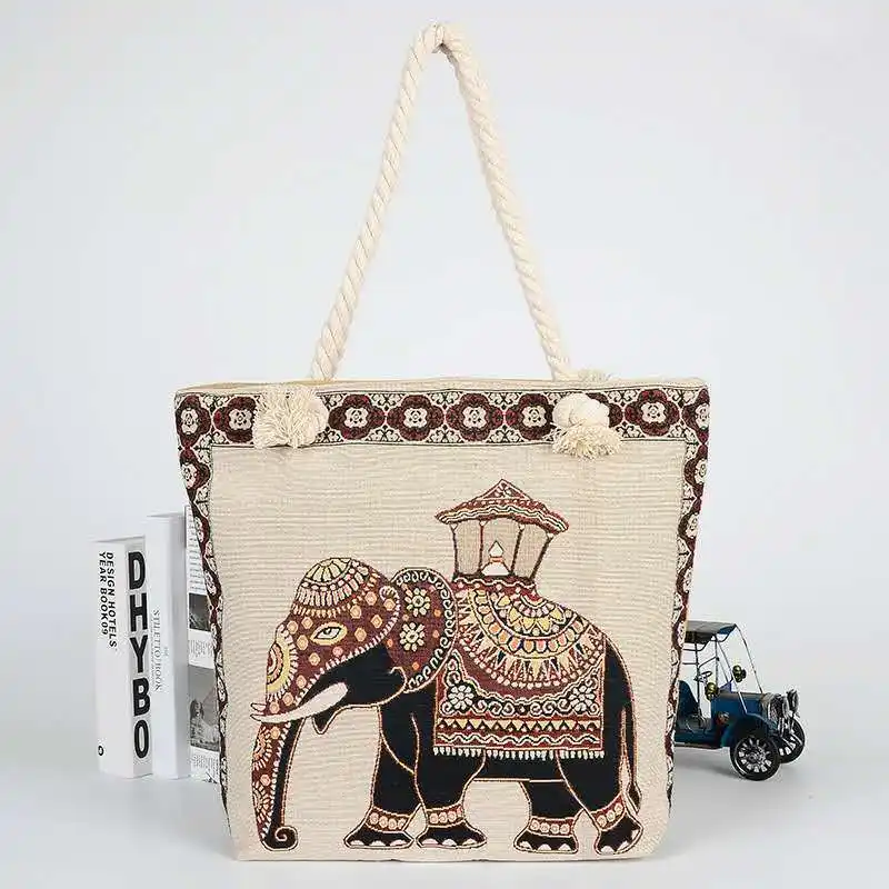 Хлопковая Льняная сумка на плечо с вышивкой слона, сумка для покупок с красочным животным принтом, повседневное использование в колледже, подкладка из полиэфирной кожи