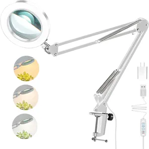 3 Color Modes 10 Levels Dimmable Adjustable Swivel Arm LED Magnifying Glass Desk Lamp with Clamp