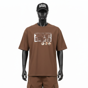 T-shirt ample pour homme en jersey de coton lourd 220 GSM, toucher doux, marron uni, logo thermocollé, streetwear, chemises pour hommes - Product Image 1