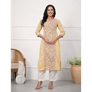 Yellow Jaal <b>Block</b> <b>Printed</b> Straight Kurti Traditional Indian Ethnic Cotton Straight Dress for Daily Wear Parties Floral Rayon - Product Image 1