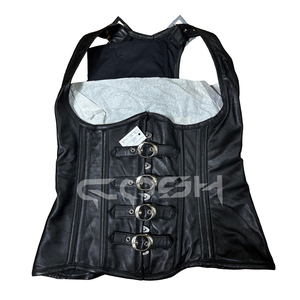 Corset personnalisé noir en similicuir, à col licou, sous-poitrine, à double baleine, avec détail de boucle argentée sur le devant - Product Image 3