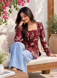 <b>Maroon</b> White Leaf Print Long Sleeve Square Neck <b>Top</b> Casual Loose Fit Square Neck Rayon All Seasons Wear Short Kurti for Women - Product Image 3