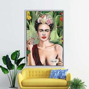 Lienzo Impreso: Famosa obra de arte de Frida Kahlo fumando - Elegante decoración de pared, con marco blanco - Product Image 1