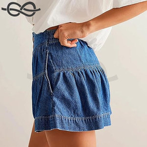 Pantalones cortos de mezclilla con dobladillo y volantes de cintura alta para mujer, pantalones cortos de mezclilla acampanados de pierna ancha, bolsillos elásticos, diseño elegante, informal, Verano - Product Image 2