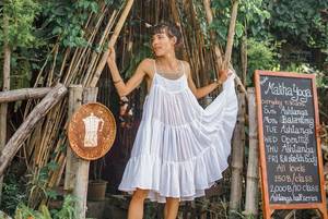 Nuevo verano vacaciones liso verano bohemio Maxi vestido 3/4 mangas blanco algodón señoras Vestidos para mujeres - Product Image 2